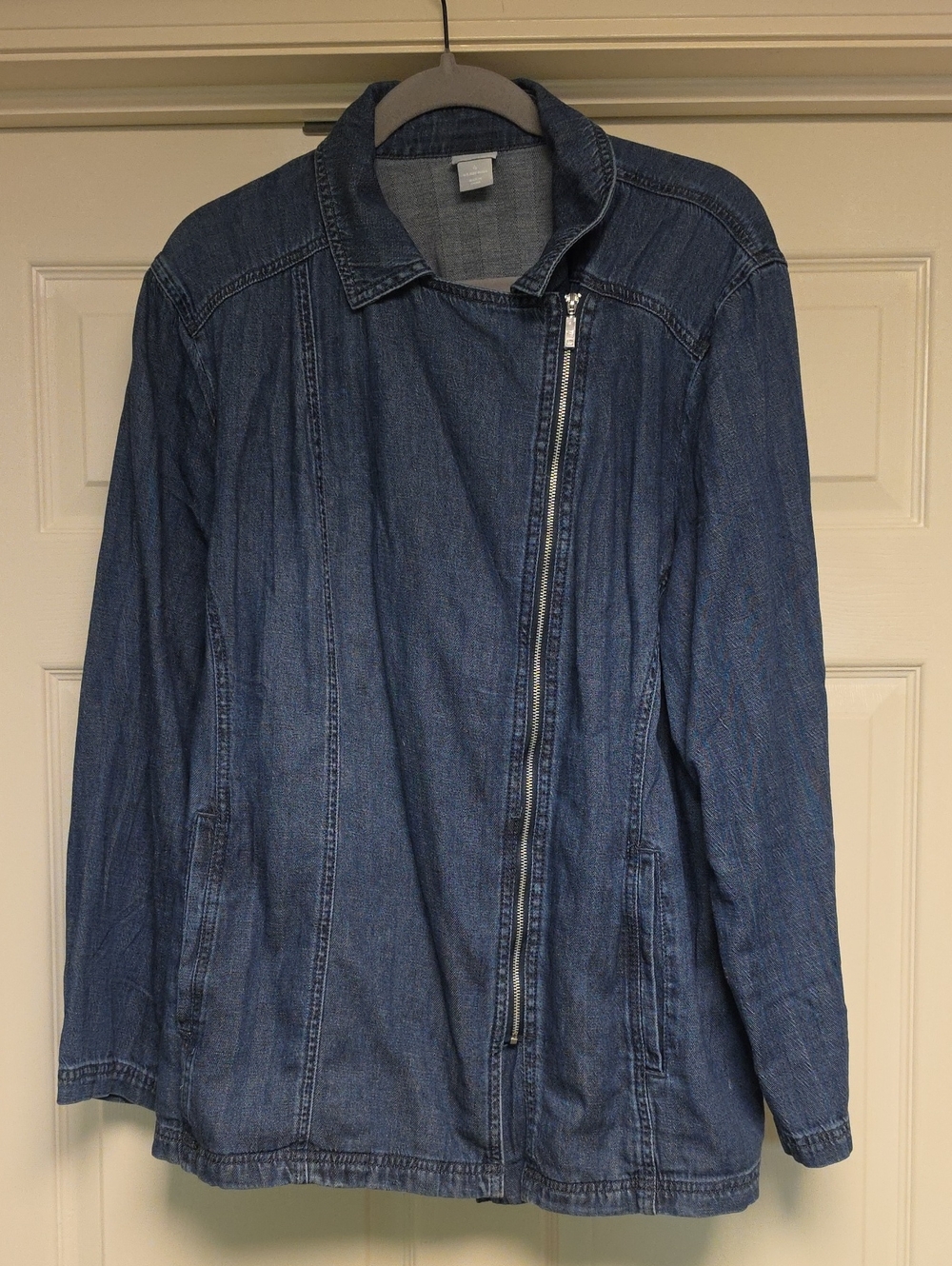 Chico's Dark Blue Asymmetrical Zip Denim Jacket